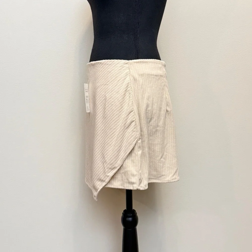 NEW Cupshe Corduroy Mini Skirt Cream Beige Ribbed Faux Wrap Women L Beach Casual